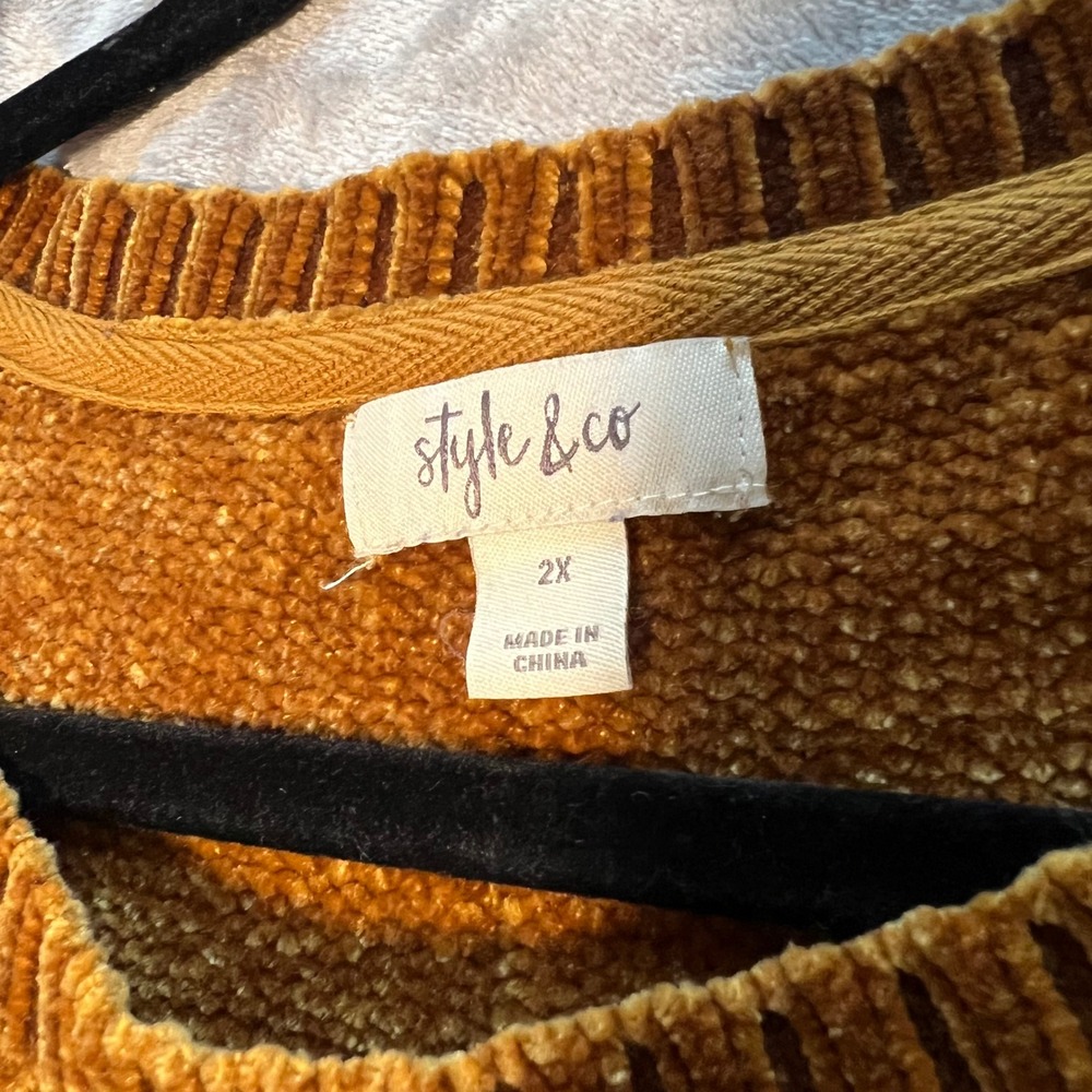 Style & Co Womens 2X Chenille Sweater Mustard Yellow Gold Crew Neck Seam Detail - Picture 8 of 9